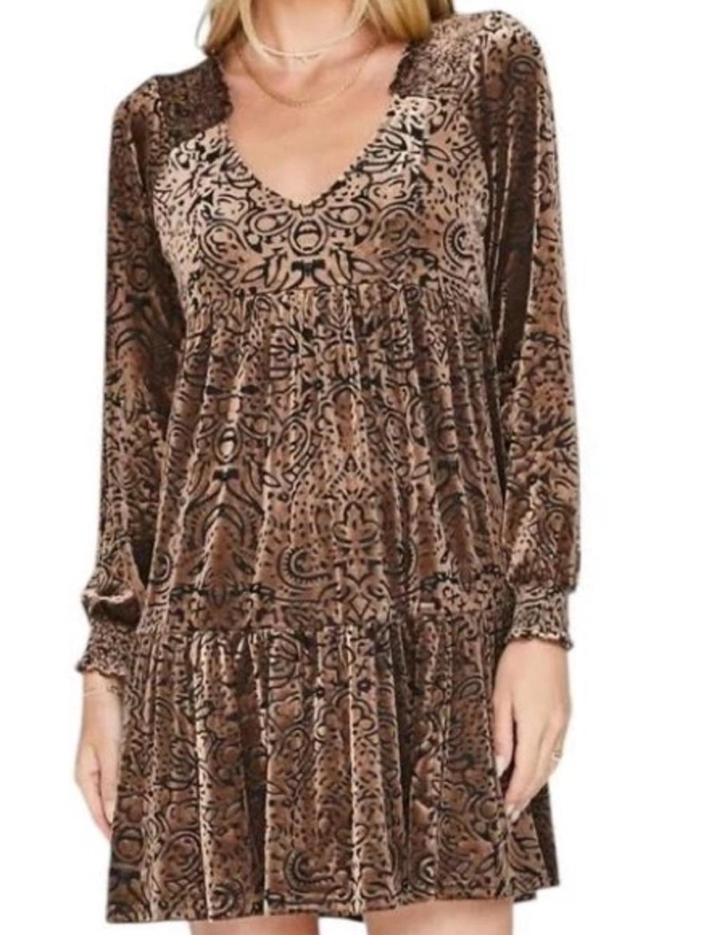 Long Sleeve Boho Velour Mini Dress Paisley